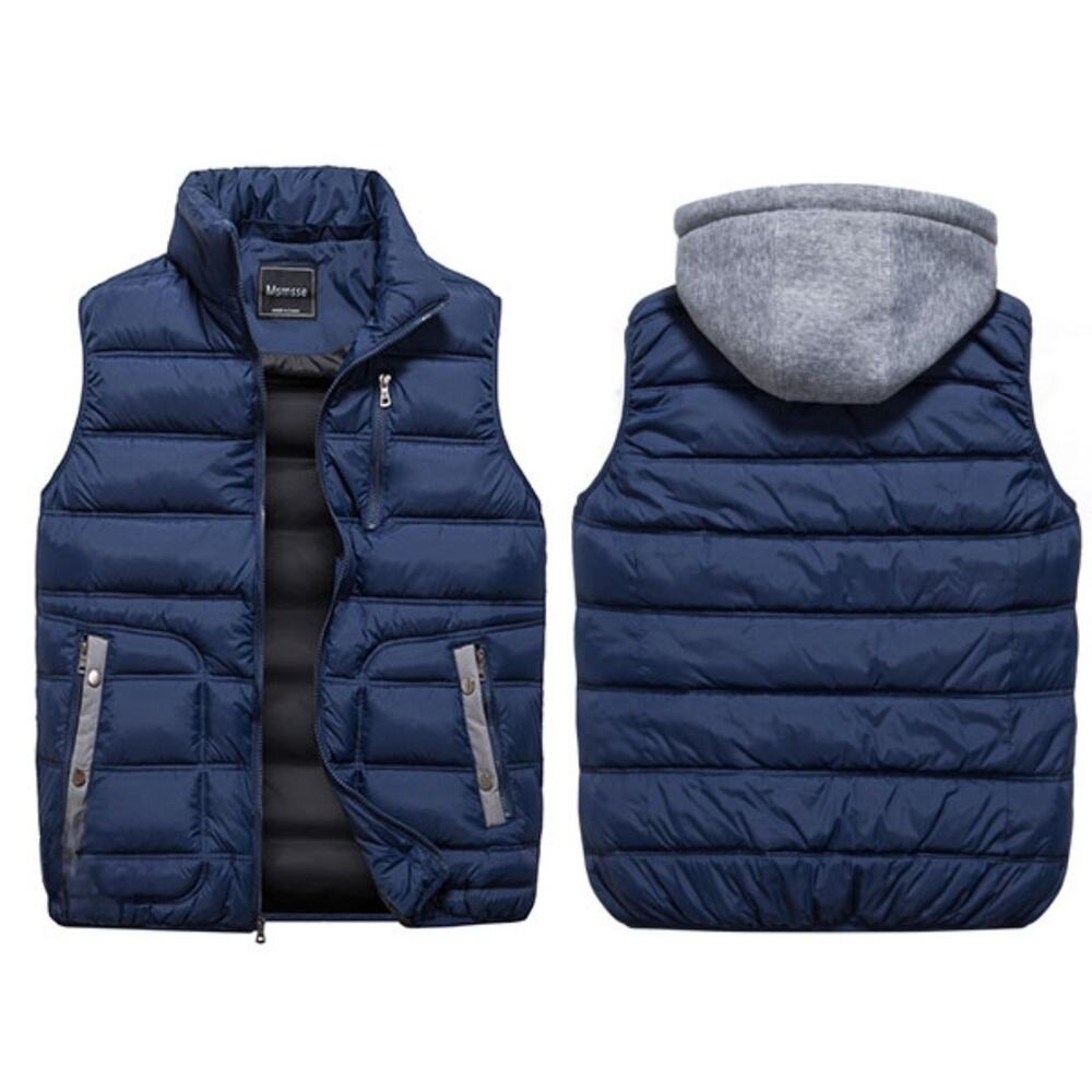 NEW! Men’s L Navy Blue Padded Winter Puffer Vest Hooded Outdoor Jacket Coat